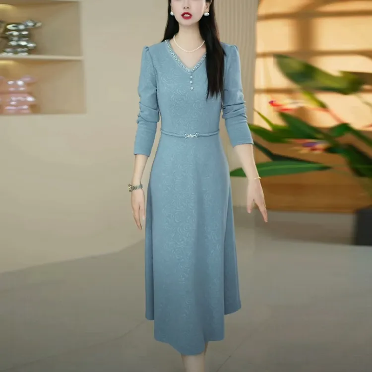帛莱精纺轻奢女装2025秋季新款长袖蓝色气质修身显瘦打底连衣裙子