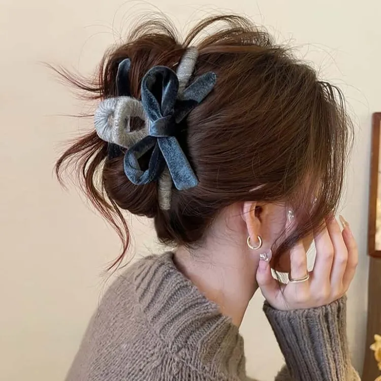 静谧蓝~头发抓夹女丝绒蝴蝶结鲨鱼夹大号盘发夹秋冬发饰2025新款