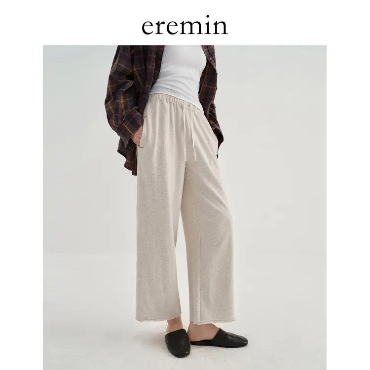 DE Mincollection卷边麻裤/随性亚麻针织撞色松紧腰直筒休闲裤