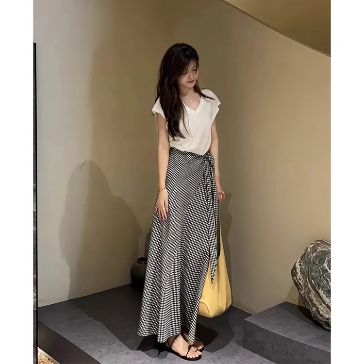 黑白格子半身裙女夏季长裙新款夏天a字绑带复古长款裙子穿搭