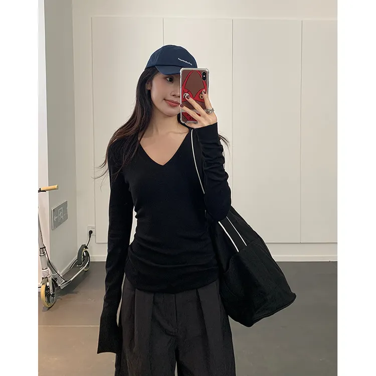 老钱风楠涛正肩领长袖t恤女秋冬新款修身显瘦莫代尔韩系内搭打底