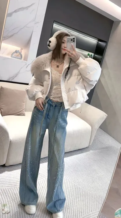 熙薇【永夜星河】2025冬季新款满天星重工加绒休闲牛仔裤H6676