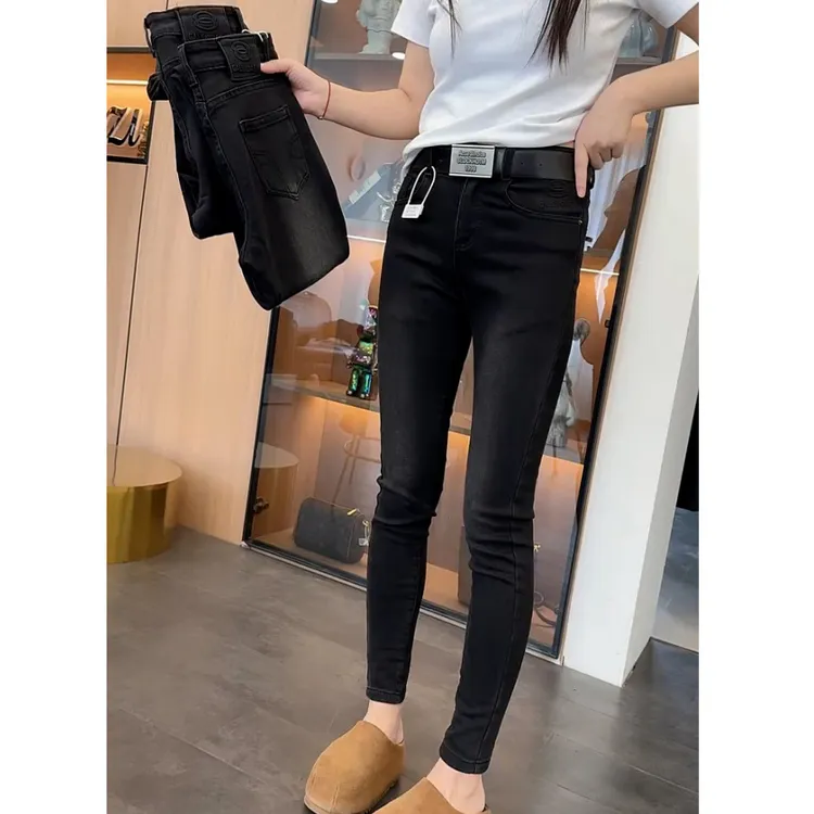 黑灰色高腰弹力小脚牛仔裤女秋冬季加绒小个子九分紧身显瘦铅笔裤