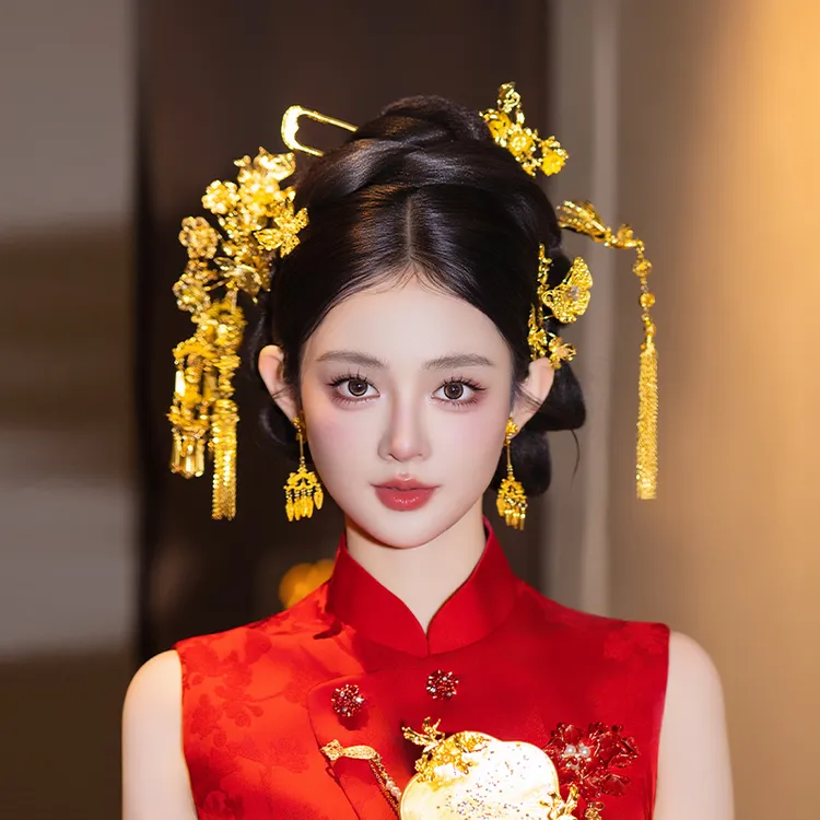 合金婚庆饰品 秀禾新娘花朵富贵感全金色古风步摇流苏发饰MT0136