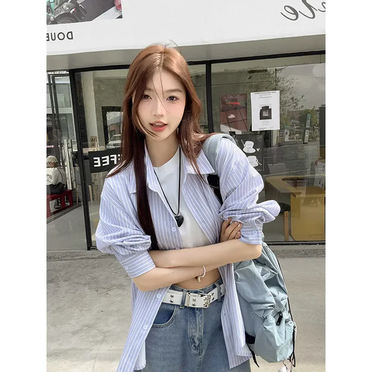 蓝色polo领长袖衬衫女2025早春新款条纹防晒衫高级小众不撞款上衣