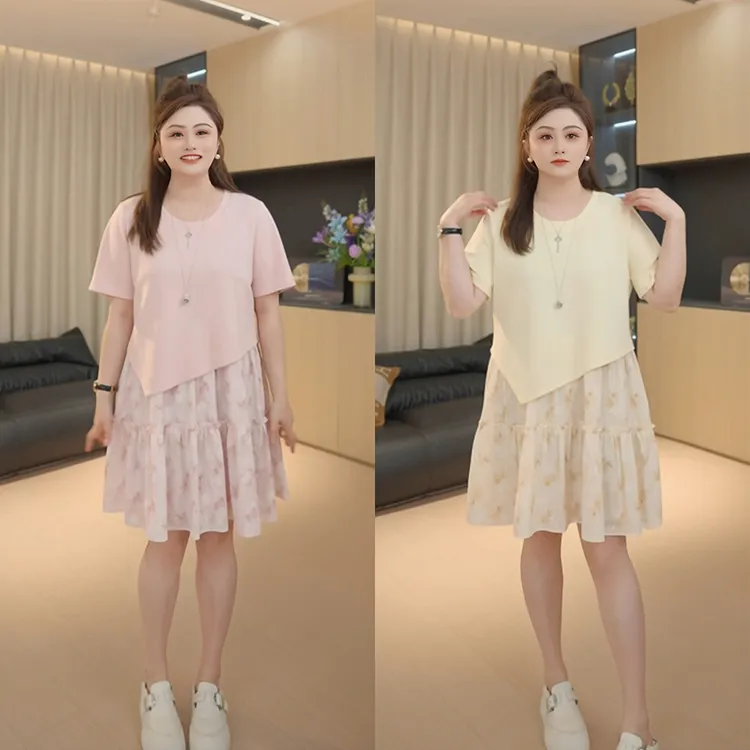 【胖佳佳】繁花似锦 假两件短袖连衣裙拼接碎花裙H625Q03026