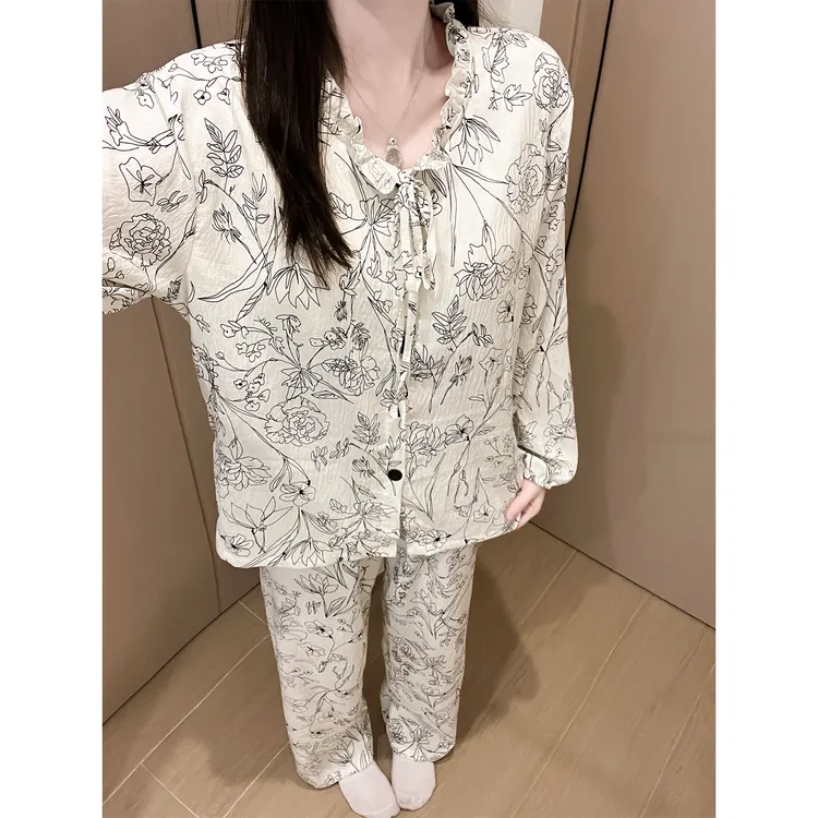 2025新款带胸垫睡衣女春秋款新中式高级感花边长袖长裤冬季家居服