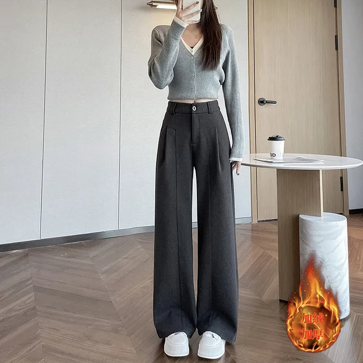 秋冬季小个子灰色加绒毛呢阔腿裤加厚休闲高腰窄版直筒阔腿裤