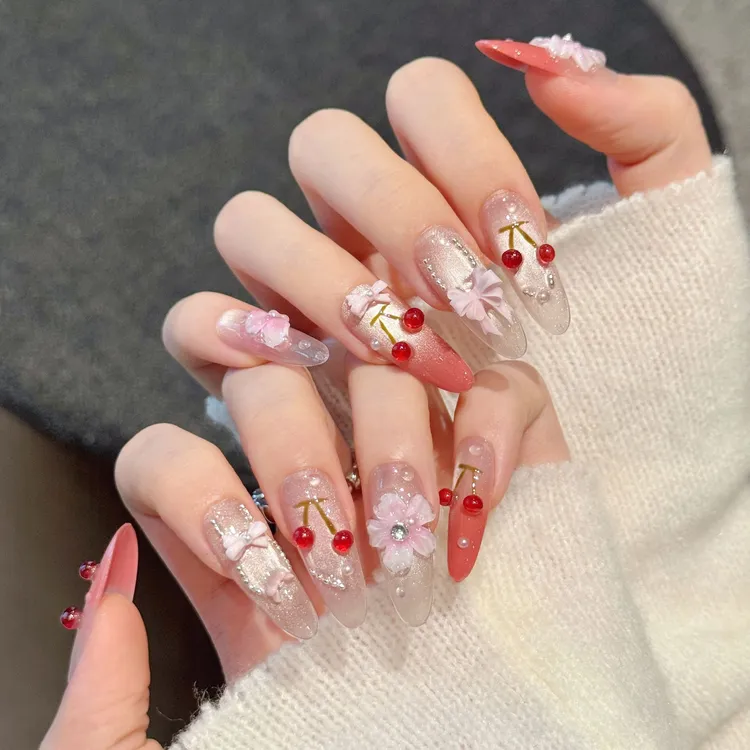 【樱桃园】捏捏立体雕花樱桃可爱甜美风温柔蝴蝶结珍珠纯手工穿戴甲