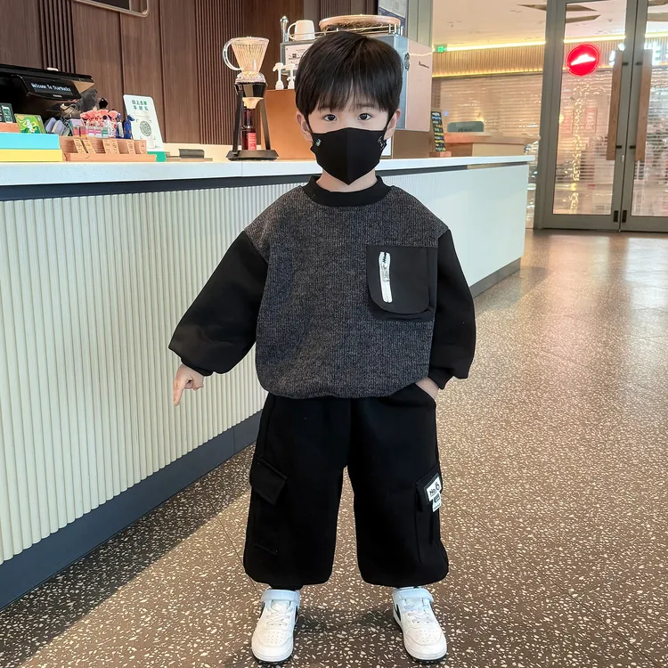 男童加绒套装秋冬装2025新款男孩衣服痞帅儿童宝宝加厚毛衣两件套