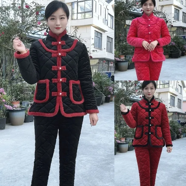 新款加绒加厚保暖中老年妈妈装冬季棉衣棉裤套装水晶绒外穿居家服