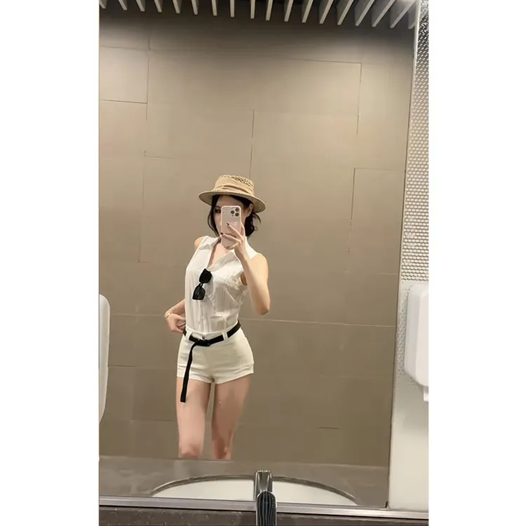 2025夏季新款韩系姐姐条纹衬衫无袖背心休闲百搭短裤修身显瘦套装