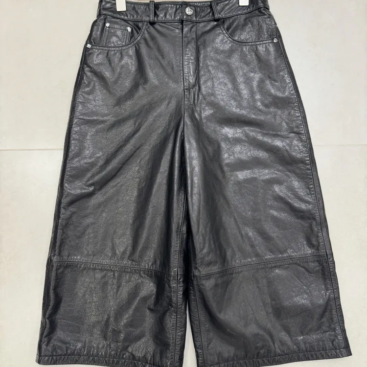 秋冬新款真皮皮裤女直筒裤阔腿裤八分裤休闲百搭牛皮油蜡皮裤74cm