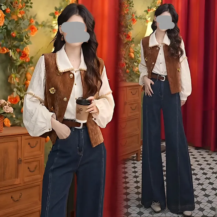 港风复古衬衫牛仔马甲三件套女2025春秋新款宽松设计感时尚套装