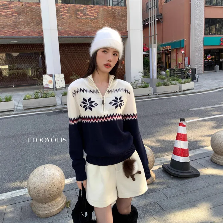 早春新款复古拼色提花半拉链针织衫费尔岛毛衣女