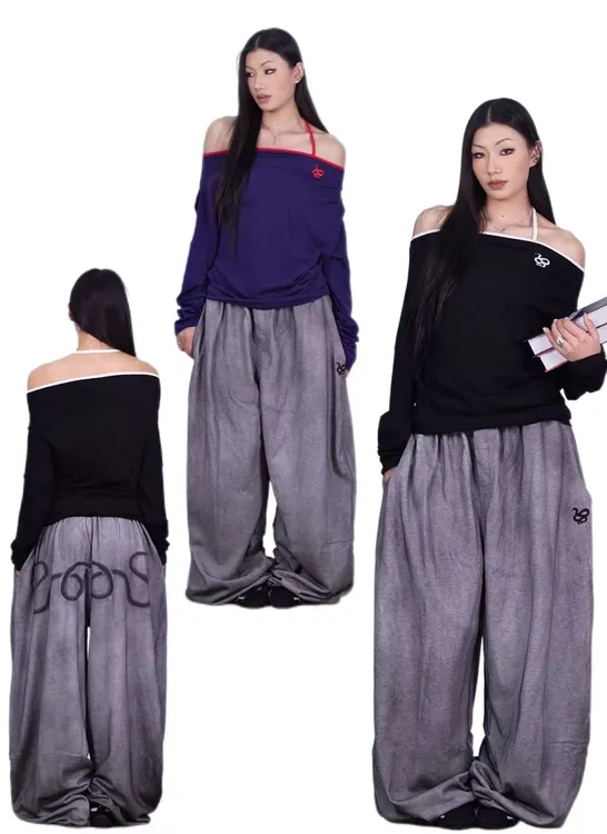 SUANS原创慵懒风休闲风做旧脏脏百搭时尚运动阔腿裤纯色长裤卫裤