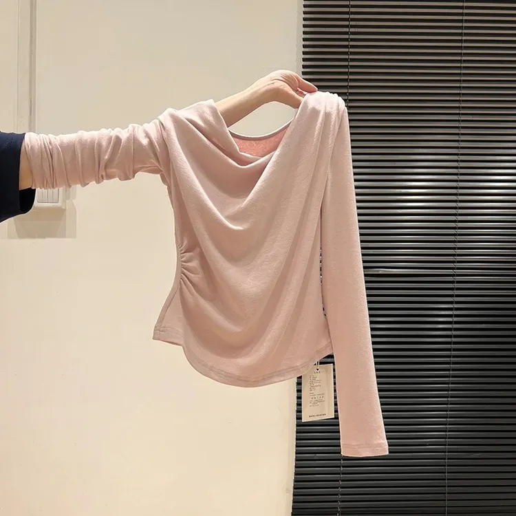 yoewshean/羽媗秋冬季斜肩荡领ins微胖mm大码女装长袖t恤内搭上衣