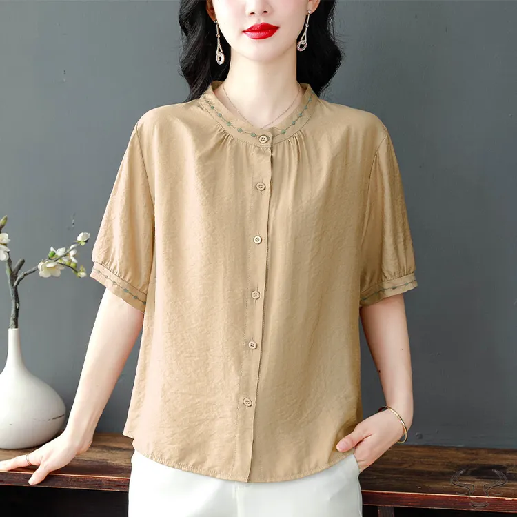 2025夏季新款宽松大码百搭立领上衣透气舒适衬衫绣花短袖小衫