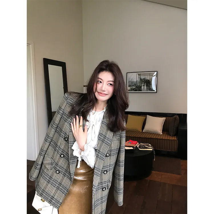 【ALONE SAVOR】龍喜儿格律佳人秋冬复古格纹西装绵羊毛外套M029