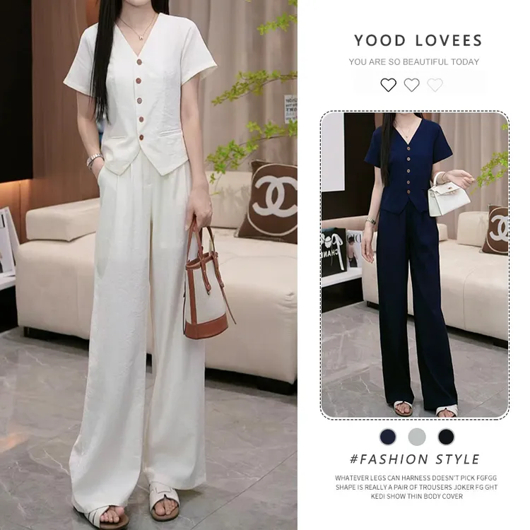 2026夏季新款时尚韩系V领短袖上衣阔腿裤两件套显瘦宽松休闲套装