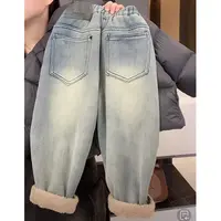 【小首尔】现货-儿童韩版潮流贴标牛仔宽松加绒裤子HBB3175