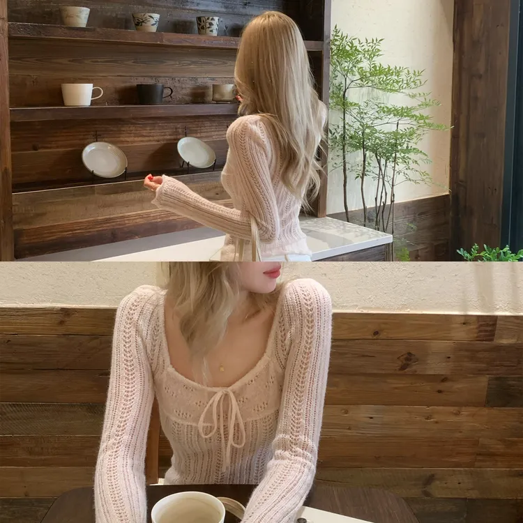 8uioio 云樱粉黛 粉色镂空针织衫女2025初秋新款修身显瘦长袖上衣