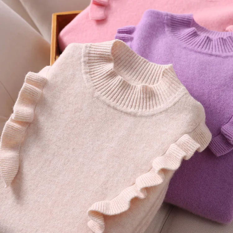 单股落肩木耳边半高儿童羊绒衫女童套头毛衣大小童针织羊毛打底衫
