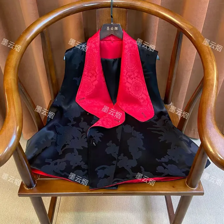 【红池】新中式时尚长领复古提花黑色侧开披风春秋款休闲风上衣马夹