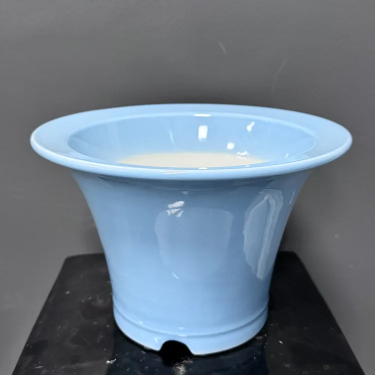 天青色纯手工斗笠花盆古典韵味十足（高:16cm，外口22.5cm）