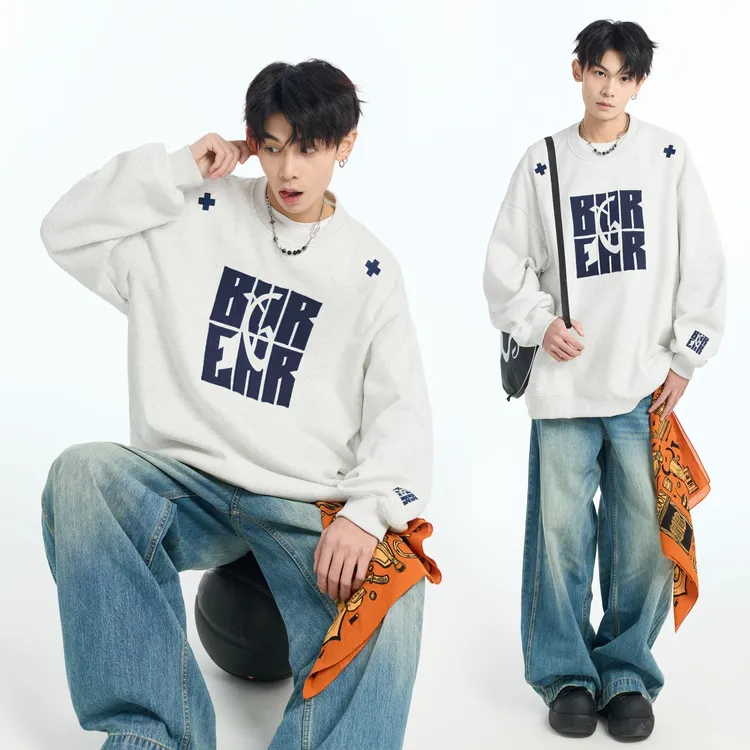 贴布刺绣圆领卫衣男2025新款美式高街冬季休闲内搭长袖外套