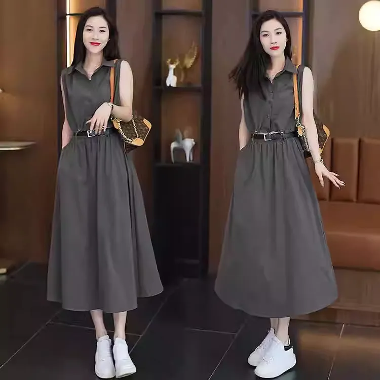 拉夏贝尔极简复古港风通勤时尚连衣裙2025年气质时尚拼接宽松裙子