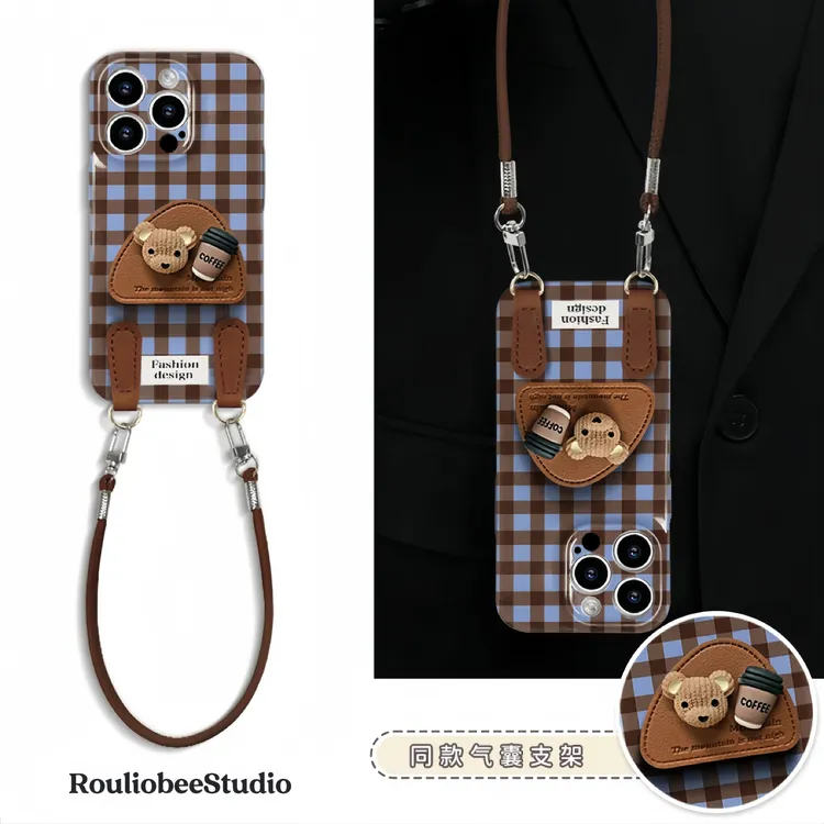咖啡小熊支架挂绳适用苹果16手机壳iPhone15小米14vivoppo华为p70