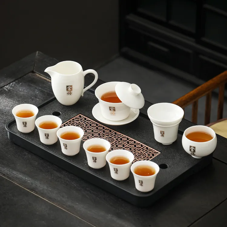 舍得羊脂玉悬停盖碗白瓷功夫泡茶杯具套装高端全套家用茶盘一整套