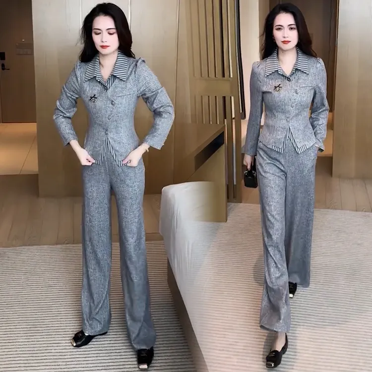 时尚套装女2025秋季新款洋气显瘦拼接假两件上衣阔腿裤气质两件套