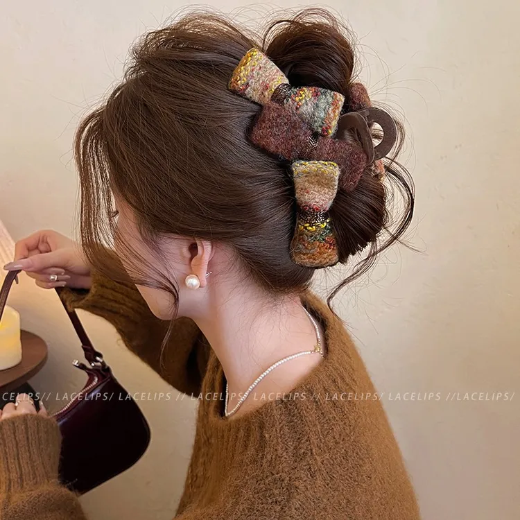 雪松焦糖~头发抓夹女毛呢蝴蝶结鲨鱼夹2025新款盘发夹巨好看发饰