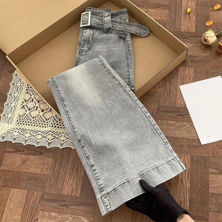 【清仓】美式做旧灰色微喇牛仔裤女秋季高腰修身显瘦弹力马蹄喇叭裤