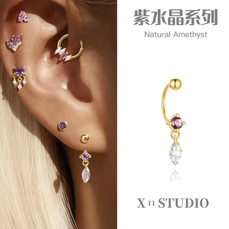 925银合成锆石耳饰 紫水JING系列|紫菱坠|S925银|外螺纹球型底耳