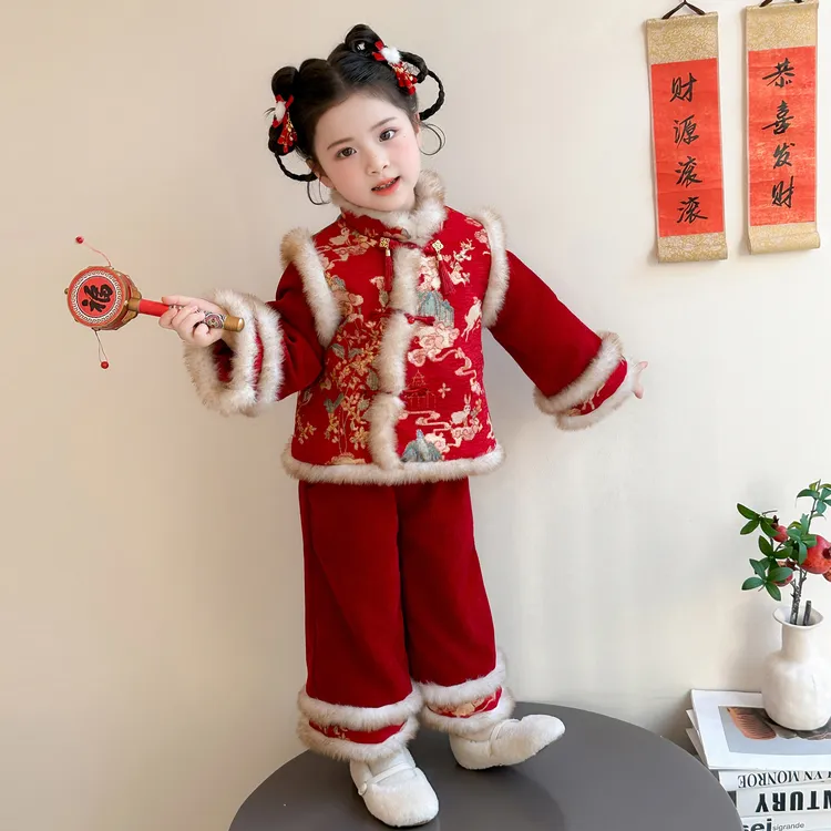 拜年服女童新中式加棉汉服套装儿童国风唐装红色喜庆过年服女宝宝