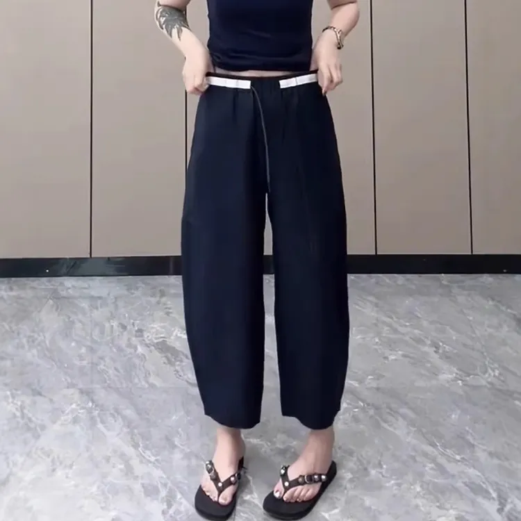 藏青色九分弯刀裤女夏季薄款胖MM大码女装梨形身材宽松阔腿休闲裤