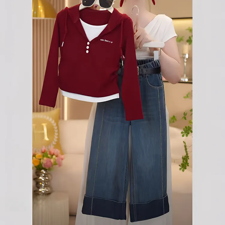 女童假两件长袖衫牛仔裤套装春秋2025休闲连帽打底衫窄版直筒裤潮