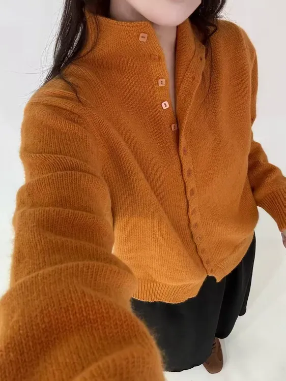 【蜜熊绒】2025秋冬新款半高领方扣纯色休闲百搭针织开衫毛衣女