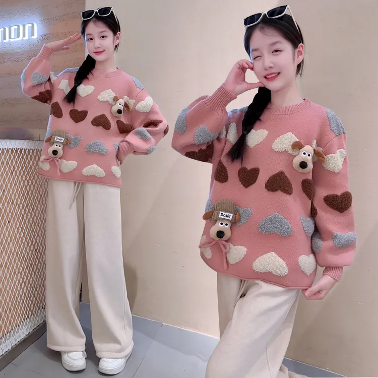 【允恬】女童秋冬时髦洋气绣花爱心毛衣中大童女孩可爱公仔针织衫潮