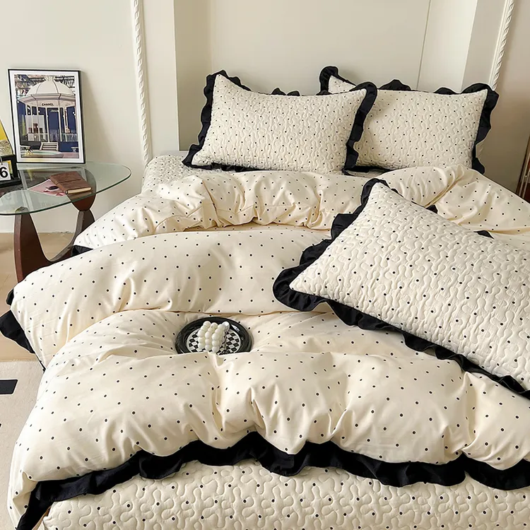 新款法式复古水洗亲肤四件套加厚床盖印花花边被套居家床上用品