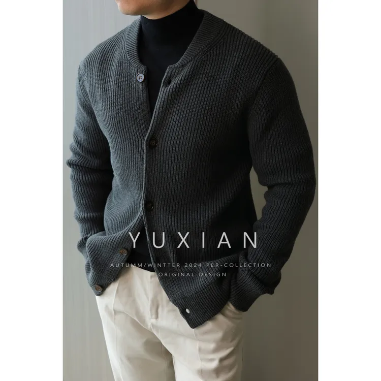 YUXIAN冬季重磅美式复古纯棉针织棒球领开衫加厚休闲商务毛衣外套