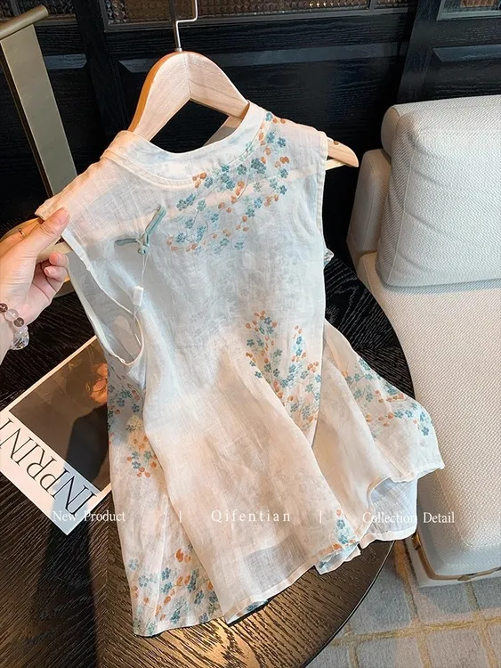 新中式碎花印花无袖衬衫女2025夏新款国风禅意清冷感气质薄款背心