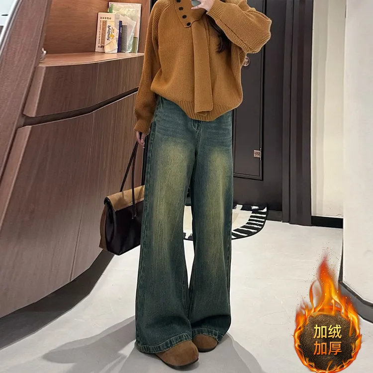 【4573】大码加绒2025秋冬冬天牛仔裤女胖mm美式高街加绒牛仔裤