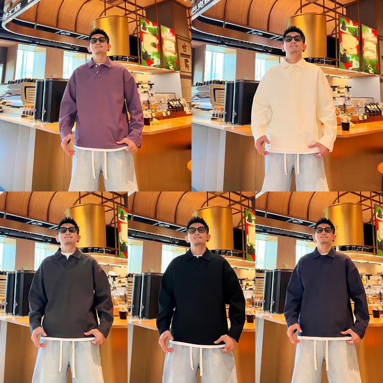 简约个性拼接假两件潮流百搭polo领男士秋季新款纯色宽松运动卫衣