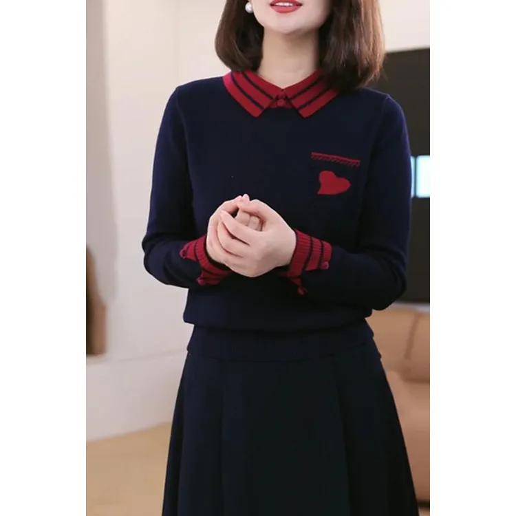 时尚爱心刺绣撞色长袖时尚针织衫秋冬新款毛衣宽松显瘦减龄上衣女