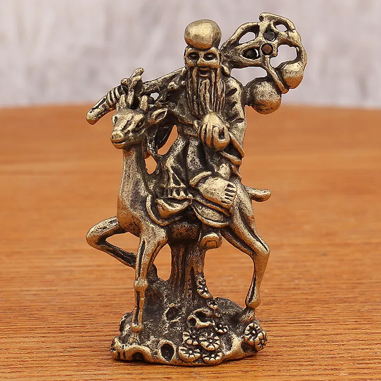 骑鹿福禄寿星黄铜送桌面复古玩铜器小摆件金属工艺品