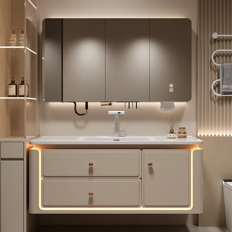 奶油风全桉实木陶瓷浴室柜卫生间洗手盆洗脸盆柜组合洗手台洗漱台